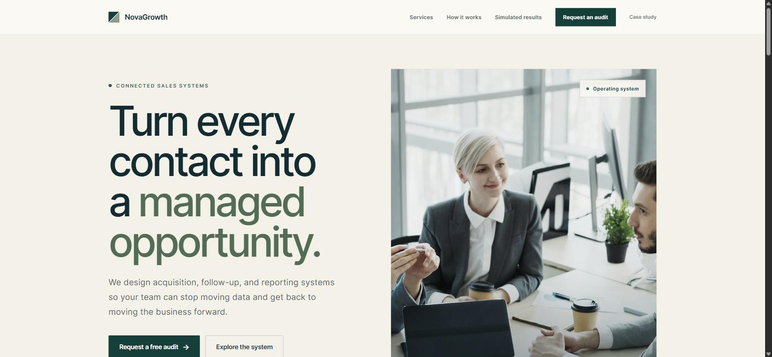 The NovaGrowth landing page that hosts the capture flow
