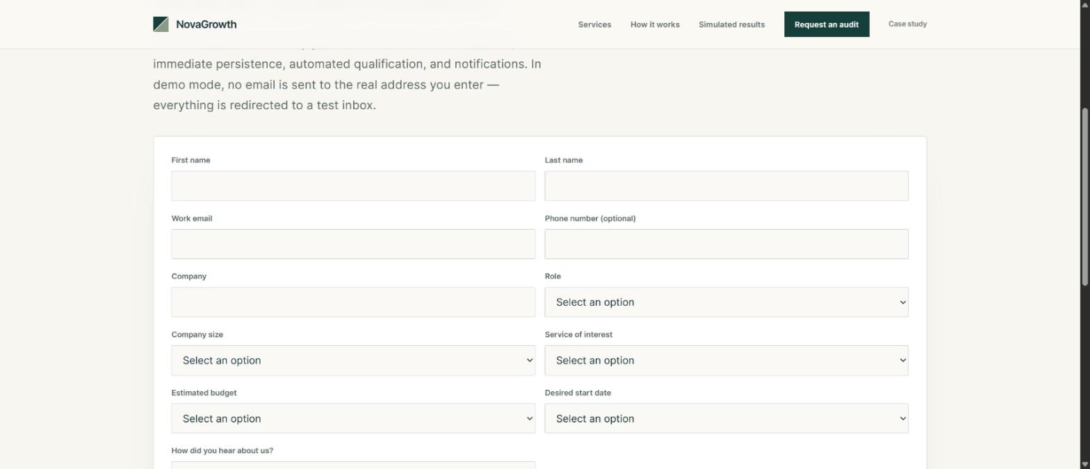 The NovaGrowth lead capture form showing identity, company, role, size, service, budget and start date fields
